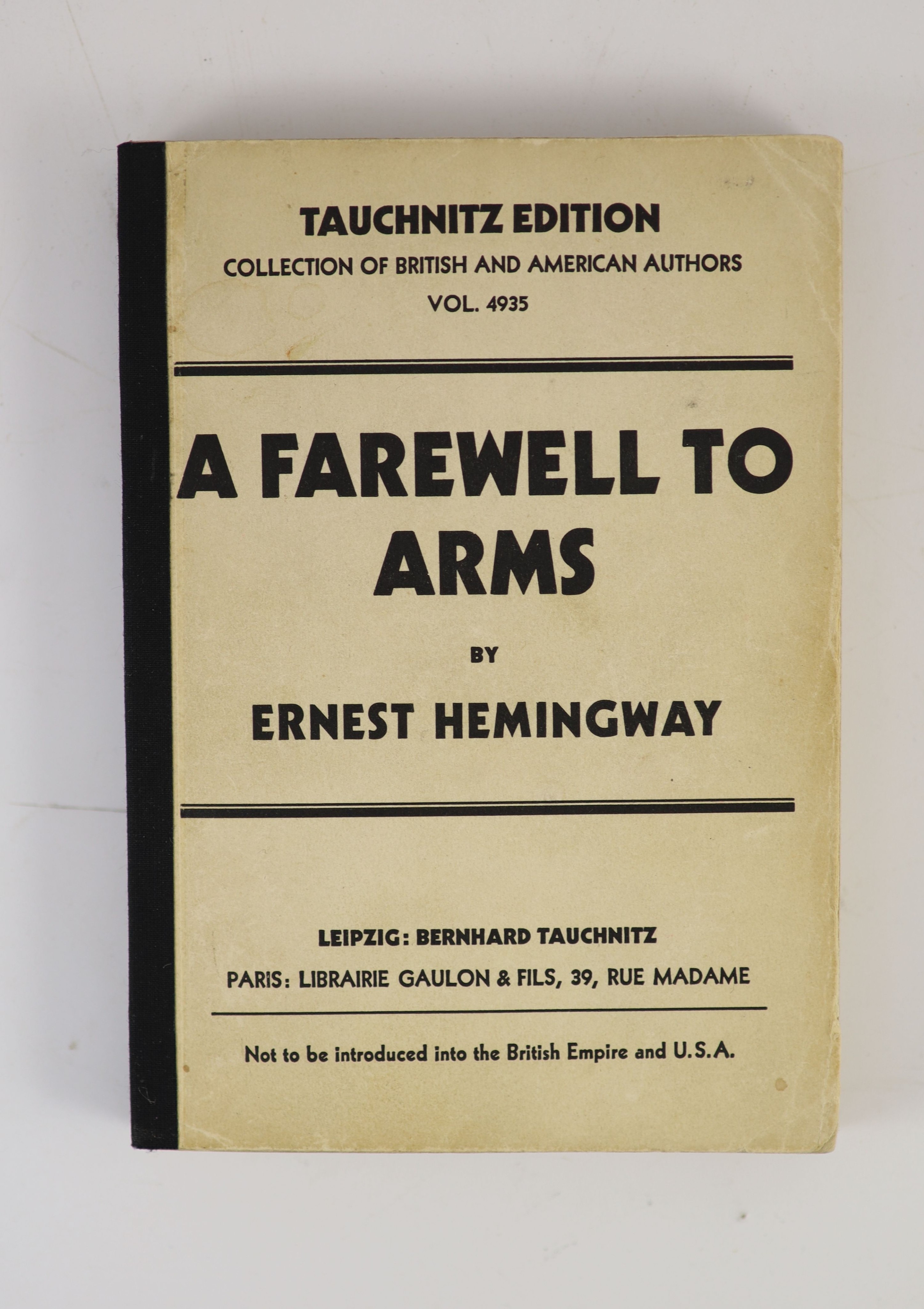 Hemingway, Ernest - A Farewell to Arms, 8vo, paperback, title with authors presentation inscription, Bernhard Tauchnitz, Leipzig, 1930